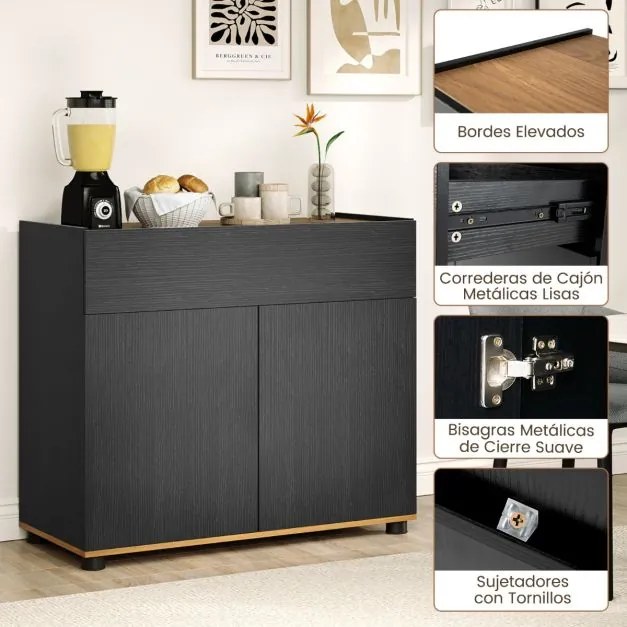 Aparador, armário de Cozinha 80 × 35 × 70 cm com arrumação em madeira com 1 gaveta e 2 portas Credenza estilo moderno rústico Preto