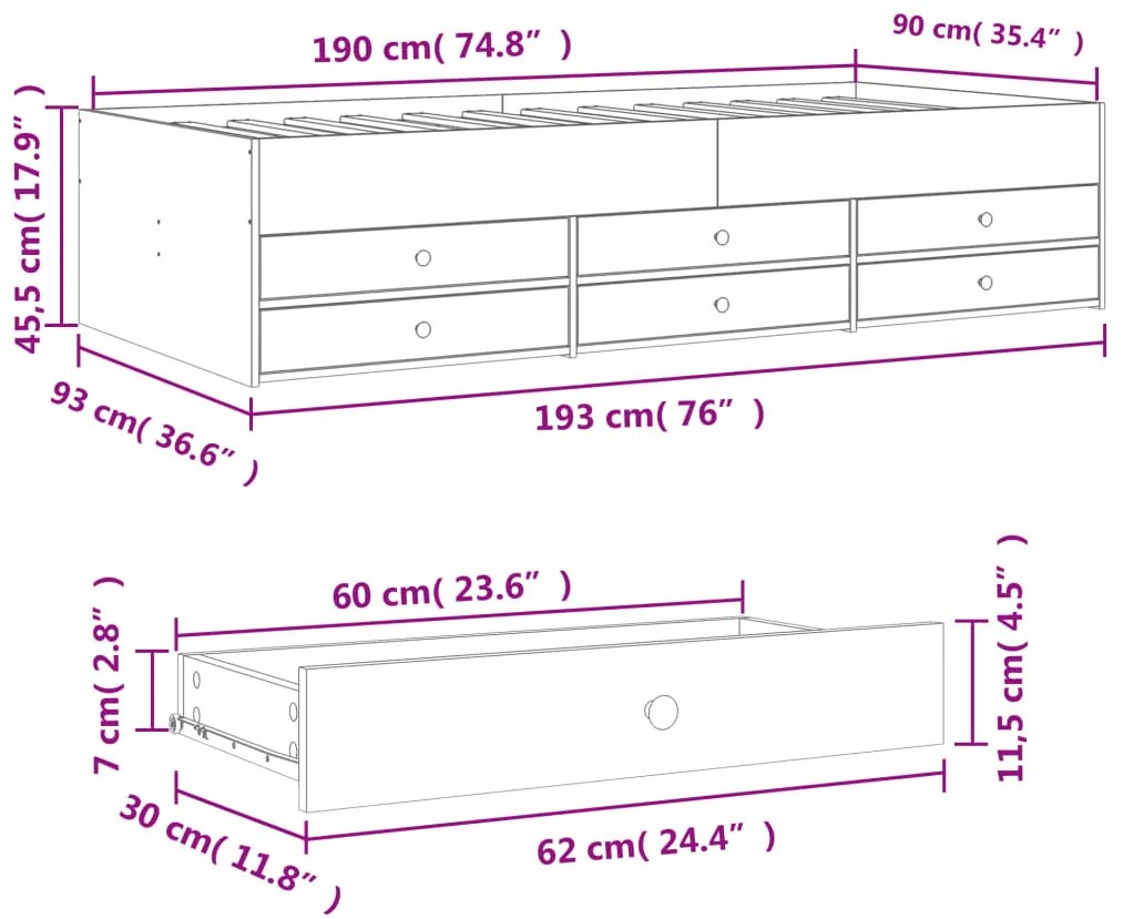 Sofá-cama com gavetas sem colchão 90x190 cm branco