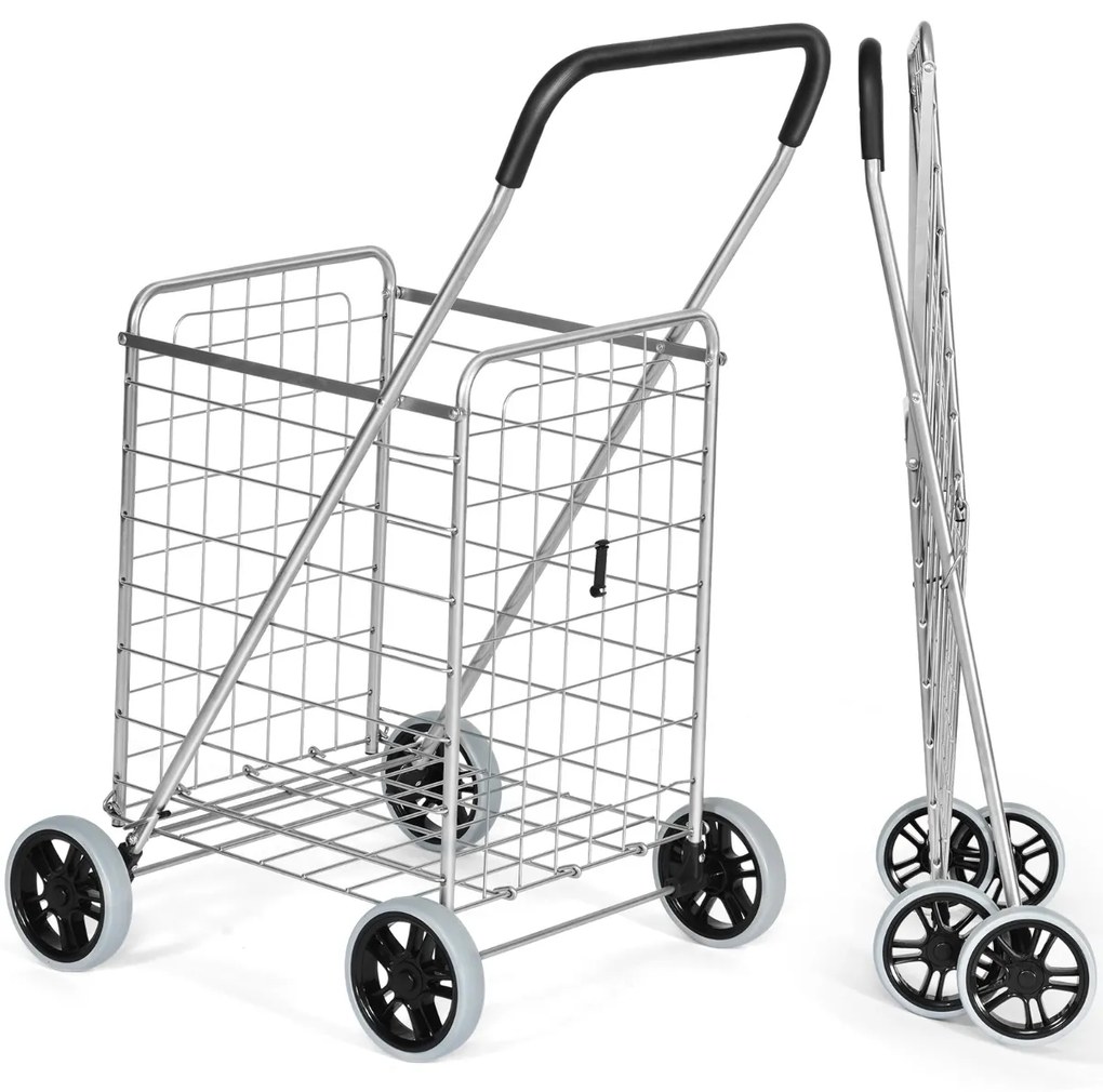 Carrinho de compras dobrável leve com rodas giratórias capacidade de 45kg portátil 57x58x91cm Prata