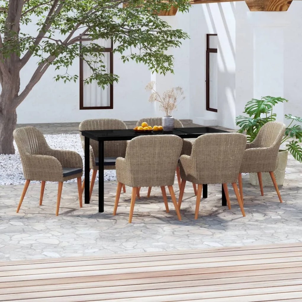 vidaXL 7 pcs conjunto de jantar para jardim com almofadões castanho
