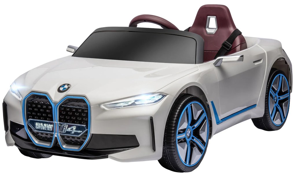 HOMCOM Carro Elétrico para Crianças BMW i4 12V com Controlo Remoto Música MP3 Ecrã Luzes e Cinto de Segurança 115x67x45 cm Branco