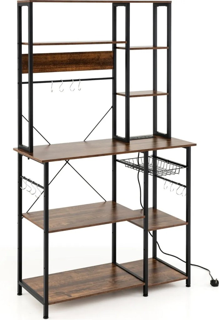 Estante de cozinha 99 × 40 × 170 cm com tomada elétrica com prateleiras abertas de madeira Ganchos e cesto Castanho rústico + preto