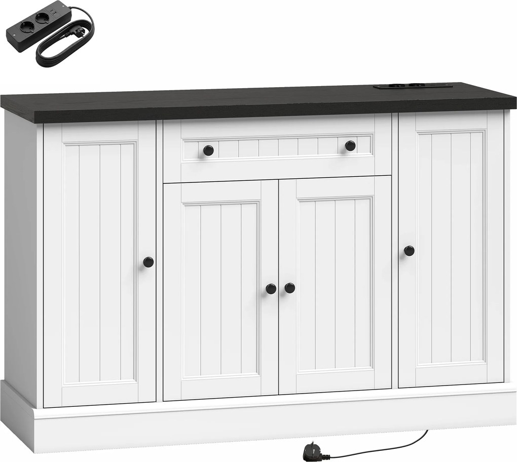 HOMCOM Buffet de Sala com Estação de Carregamento, Móvel de Armazenamento com 4 Portas, Gaveta, Prateleiras Ajustáveis, Branco e Preto | Aosom Portugal