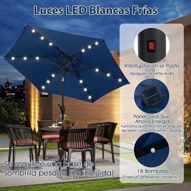 Guarda-sol LED com luzes LED Solares Sistema de inclinação com botão 230 x 230 x 225 cm Azul marinho