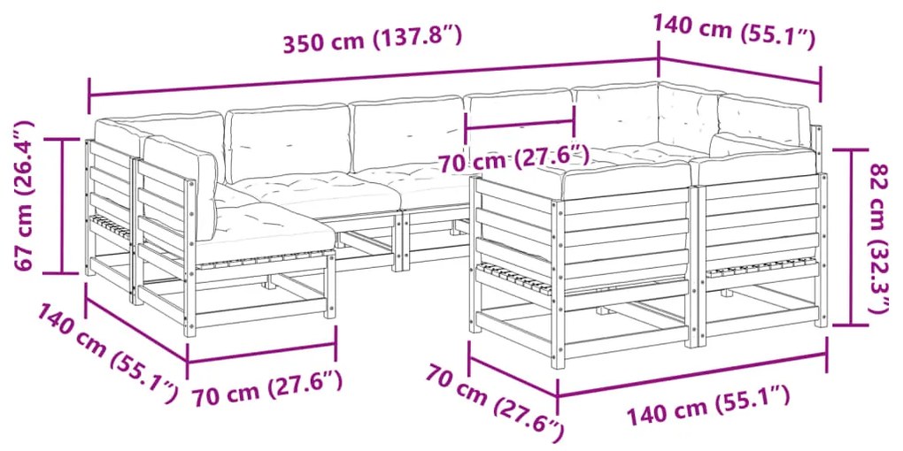 9 pcs conjunto sofás de jardim com almofadões pinho maciço