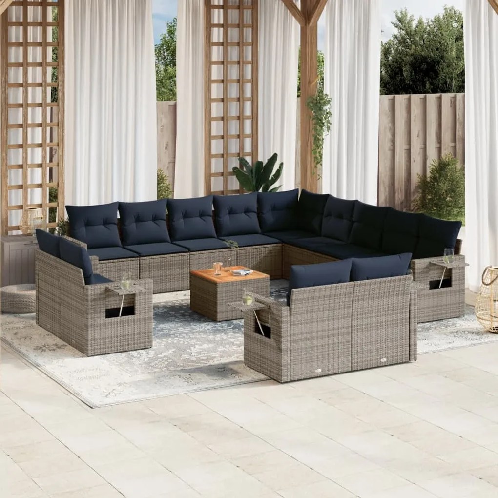 vidaXL 14 pcs conjunto sofás p/ jardim c/ almofadões vime PE cinzento