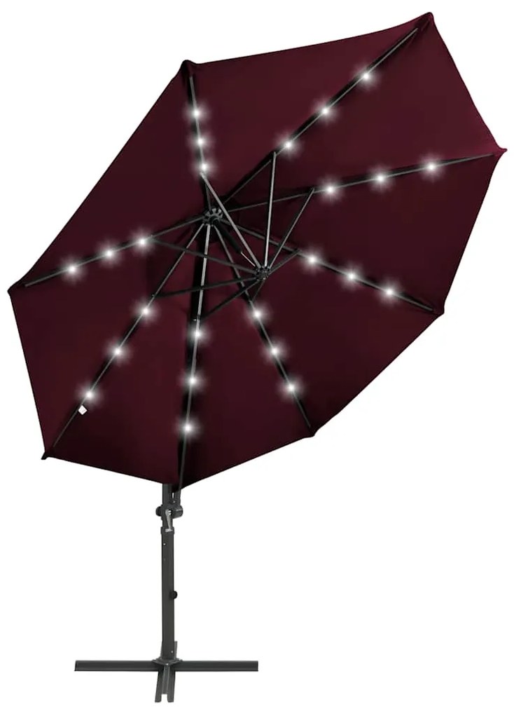 Guarda-sol jardim cantilever c/ poste e luzes LED 300 cm bordô