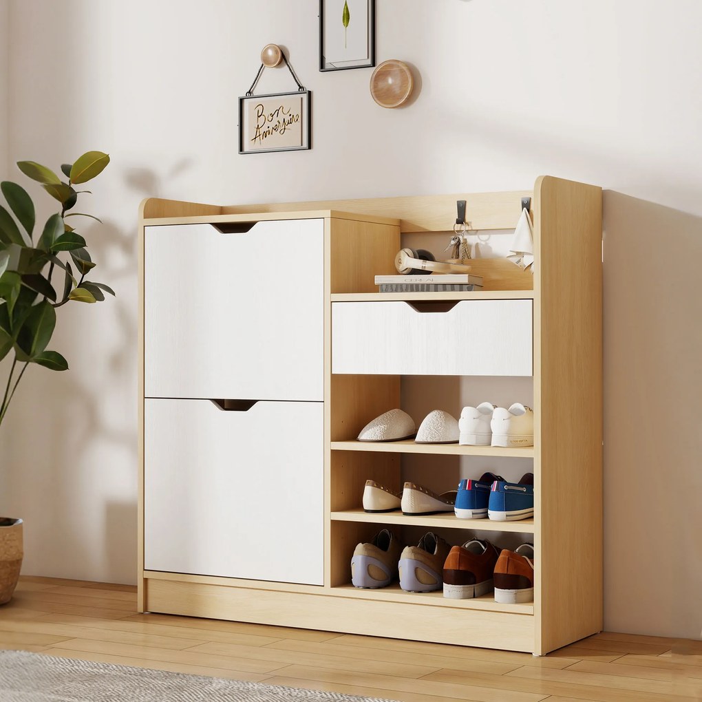 Sapateira Estreita com Prateleiras Ajustáveis Gaveta e 4 Ganchos para 14 Pares de Sapatos 93x30x90 cm Madeira e Branco