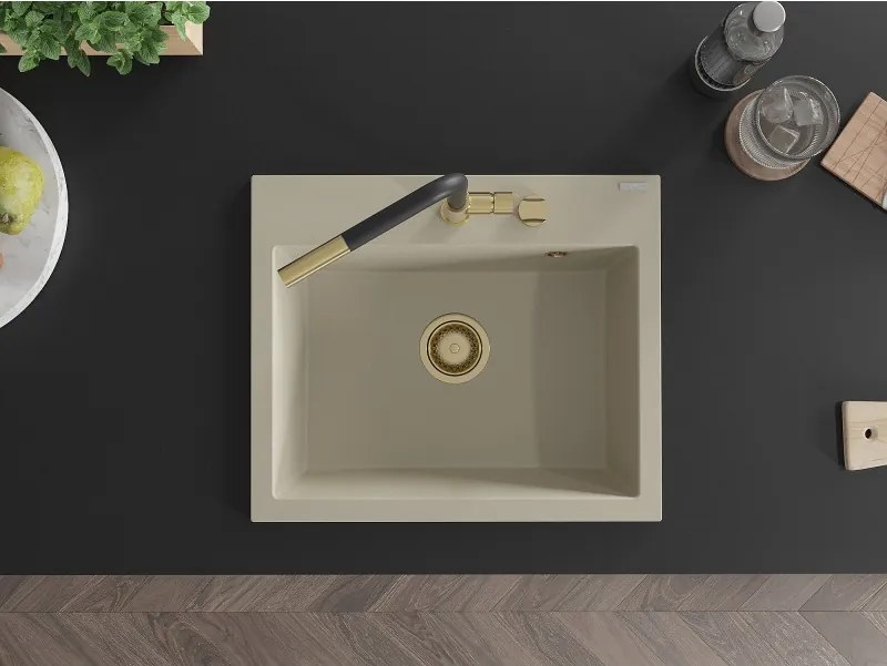 Mexen Oscar lava-louça de granito de 1 bacia 580 x 490 mm, bege, sifão dourado - 6519581000-69-G