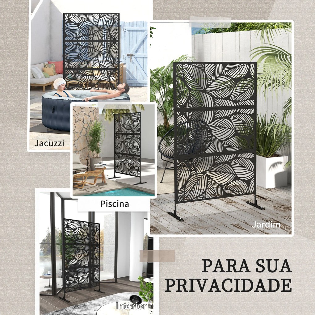 Biombo de Exterior Separador de Ambientes com 3 Peças com Padrão de Flores Grande e Estrutura de Aço 122x45x198 cm Preto