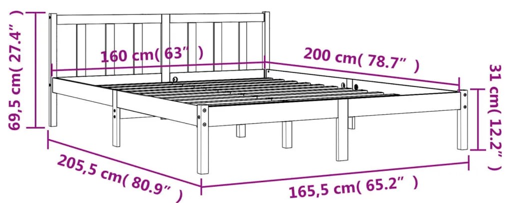 Estrutura de cama 160x200 cm madeira pinho maciça castanho cera