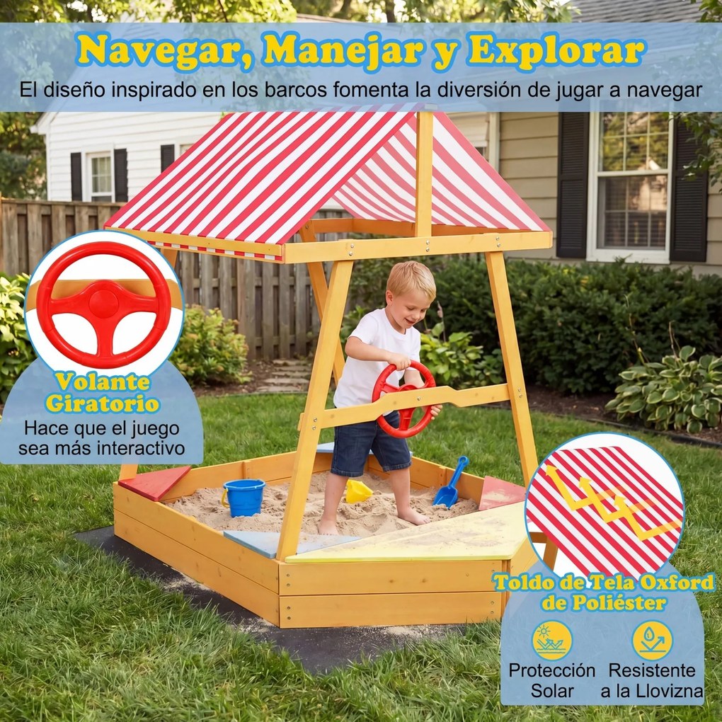 Caixa de areia infantil em madeira de abeto 135 x 103 x 140 cm, em forma de barco, com toldo em poliéster, volante giratório, 4 assentos e tapete, Ver