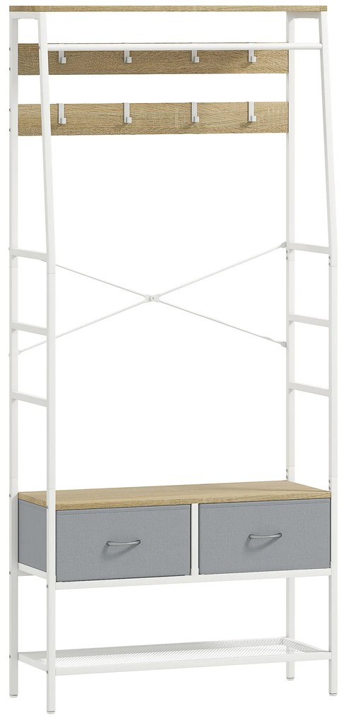 HOMCOM Móvel Cabide de Entrada com Banco Sapateira 8 Ganchos 2 Gavetas de Tecido Barra Prateleira 80x30x180,5 cm Branco e Madeira