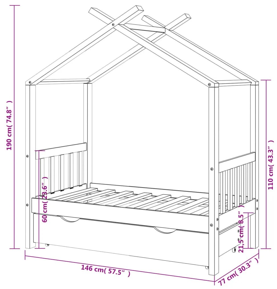 Cama para crianças c/ gaveta 70x140 cm pinho maciço branco