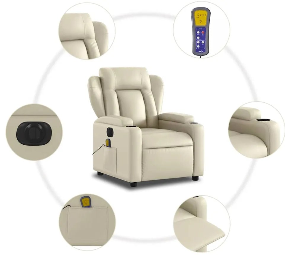 Poltrona massagens reclinável elétrica couro artificial creme
