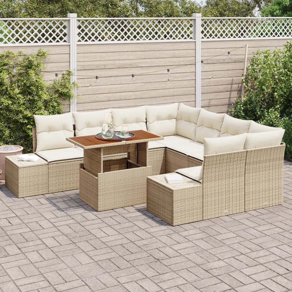 Conjunto de Sofá de Jardim de 9 Peças com Almofadas Bege Vime Sintétic