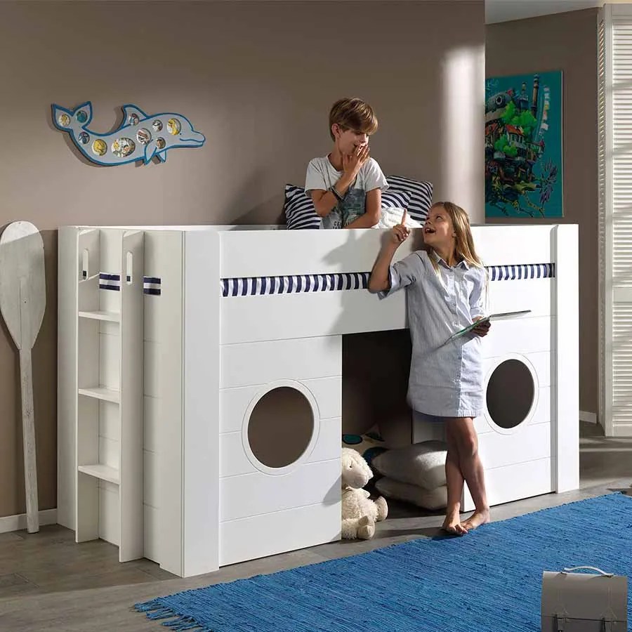 Cama infantil de grades FREYA (90x200) + estrado + escada branca