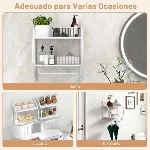 Toalheiro de parede 45 x 26 x 55 cm (C x L x A) com barra e 2 prateleiras para Casa de Banho Branco