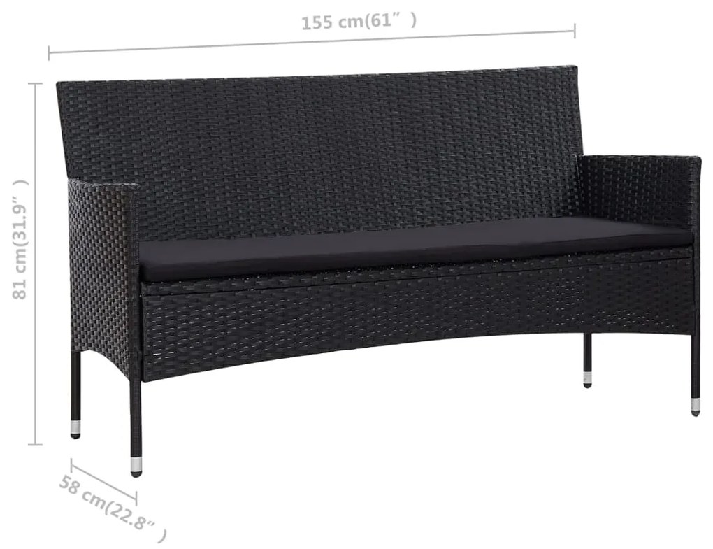 4 pcs conjunto lounge de jardim c/ almofadões vime PE preto