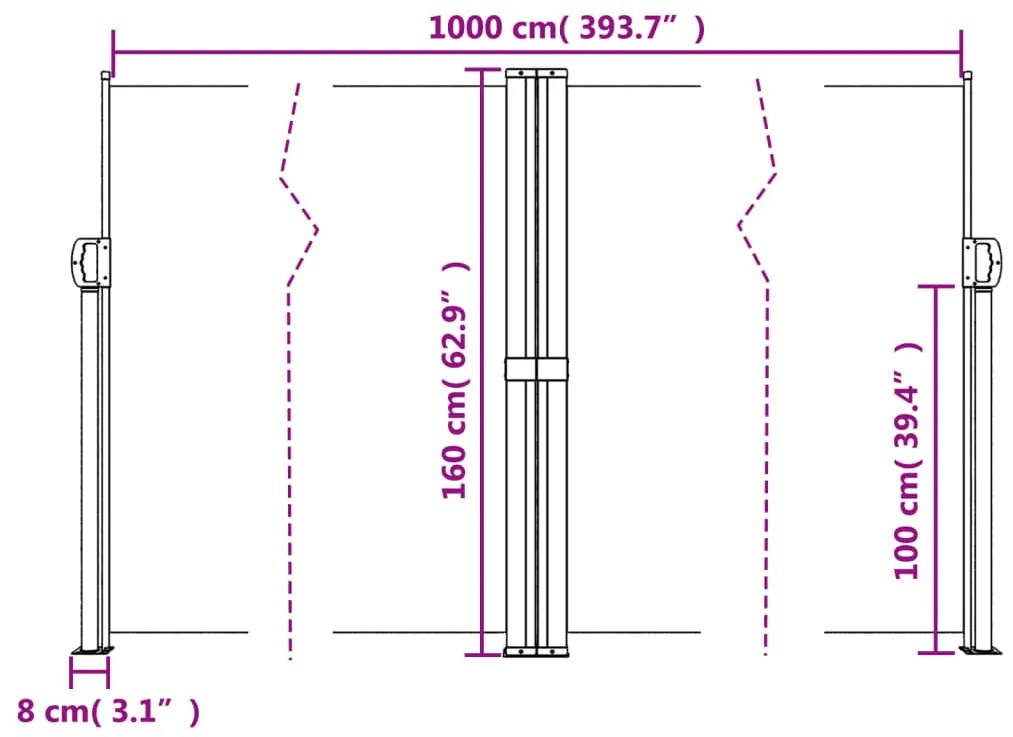 Toldo lateral retrátil 160x1000 cm preto