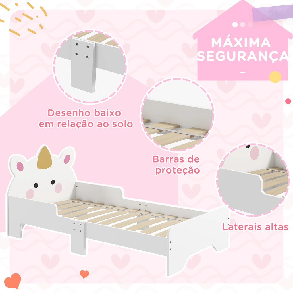 Cama para Crianças de 3-6 Anos 143x74x67 cm Cama Infantil de Madeira em Forma de Unicornio Branco