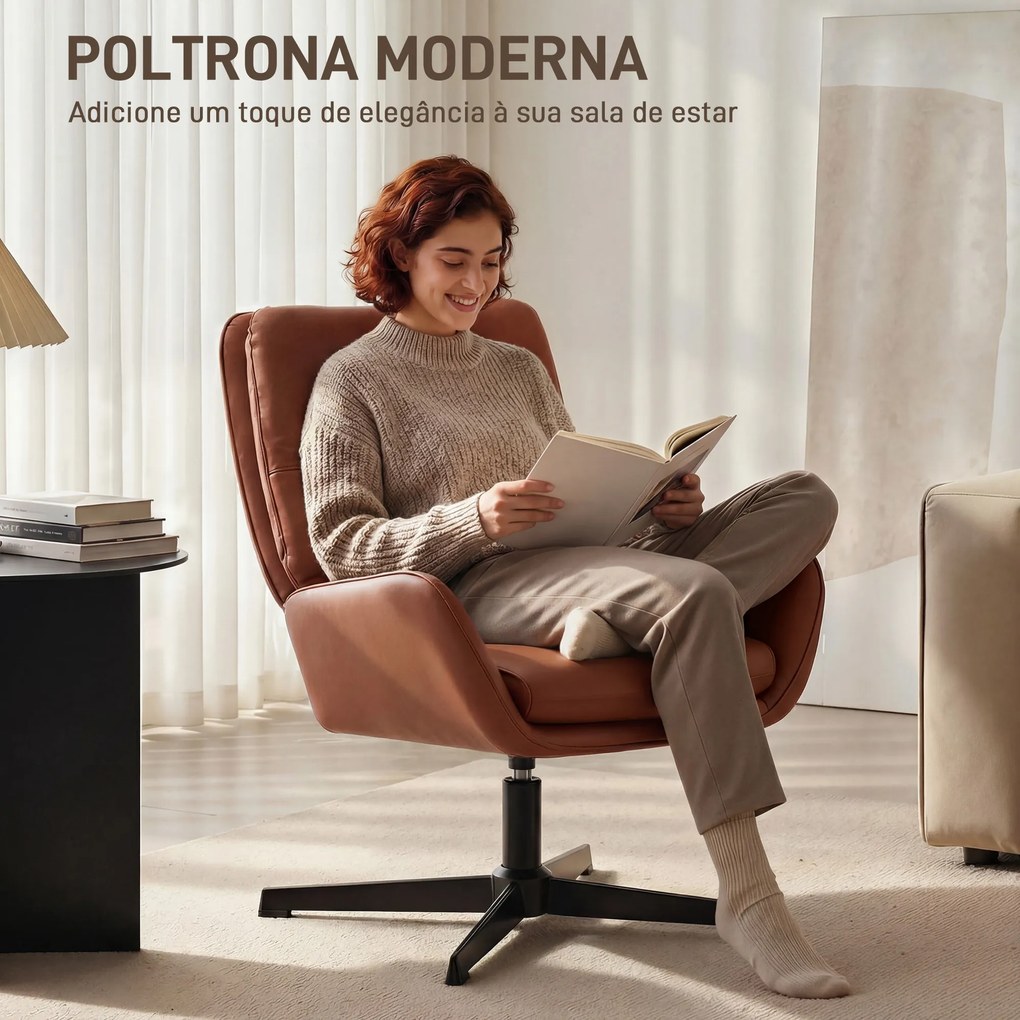 Poltrona de Sala Estofada em PU Poltrona de Leitura com Assento Acolchoado Apoios de Braços Pernas Metálicas Castanho