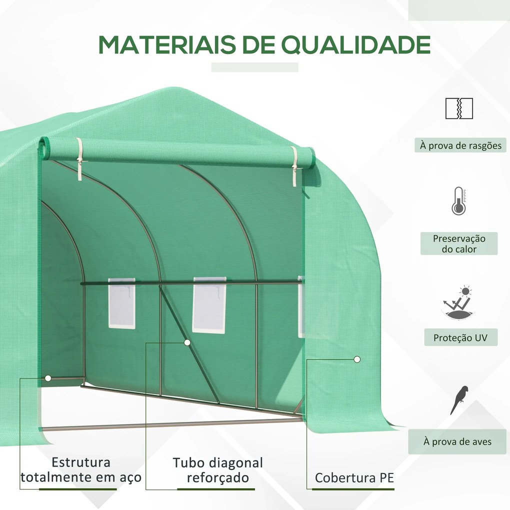 Estufa Tipo Túnel 450x300x200 cm Estufa de Jardim com Porta e 6 Janelas Enroláveis Cobertura de PE e Aço Verde