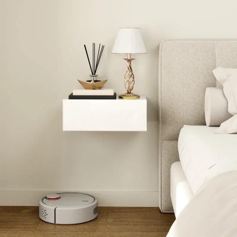 Conjunto de 2 Mesas de Cabeceira com 1 Gaveta Desenho Montado na Parede Estilo Moderno para Dormitório 40x30x15 cm Branco