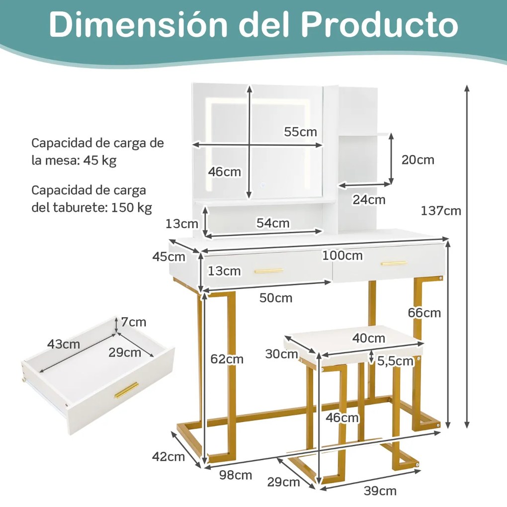 Conjunto de Toucador com Espelho Grande Mesa de Maquilhagem com Banco Acolchoado Luzes LED 2 Gavetas Estantes Pernas de Aço Branco