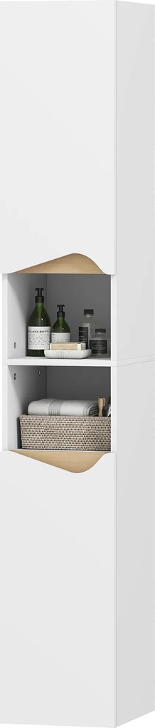 Armário de coluna estreito para casa de banho 30 x 34,6 x 180,5 cm, 2 portas, compartimentos abertos, prateleiras ajustáveis, branco