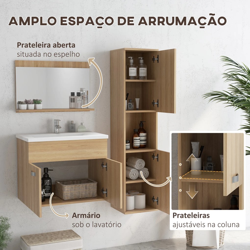 Conjunto de Móveis Casa de Banho 3 Peças com Espelho Móvel com Lavatório Cerâmico e Coluna de Casa de Banho Madeira
