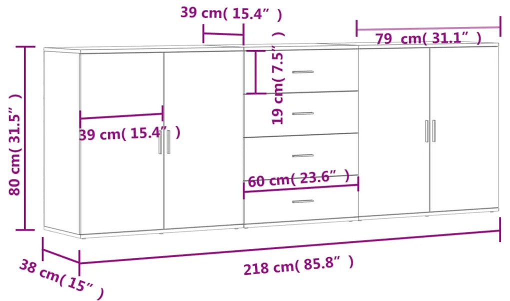 Aparadores 3 pcs derivados de madeira cinzento cimento