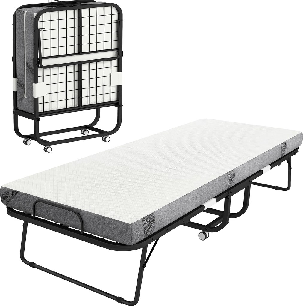 HOMCOM Cama Dobrável 200x75x42,5cm Cama de Campismo Portátil com Colchão Individual Rodas e Freios Carga Máxima 150kg Branco | Aosom Portugal