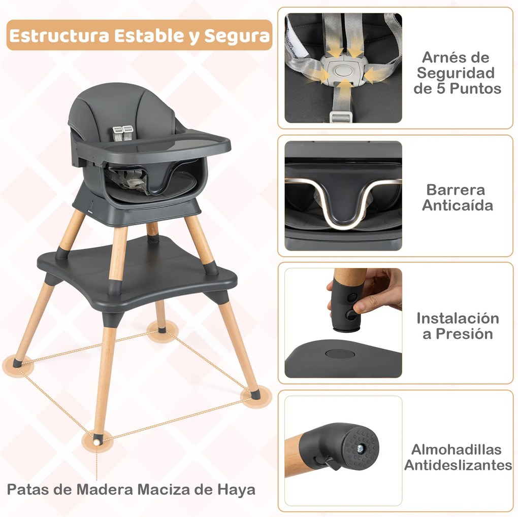 Cadeira de refeição evolutiva 9 em 1 com tabuleiro removível e lavável na máquina de lavar louça, pernas em madeira maciça, cinto de 5 pontos e almofa