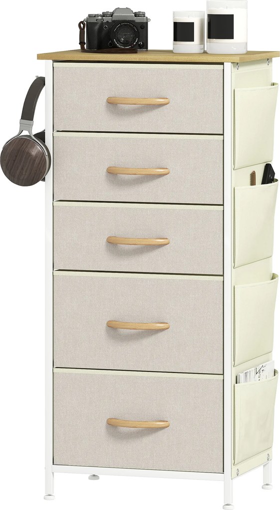 Cómoda de Arrumação com 5 Gavetas em Tecido, 45 x 30 x 94,5 cm, Arrumação Lateral com Bolsas e Ganchos, Bege