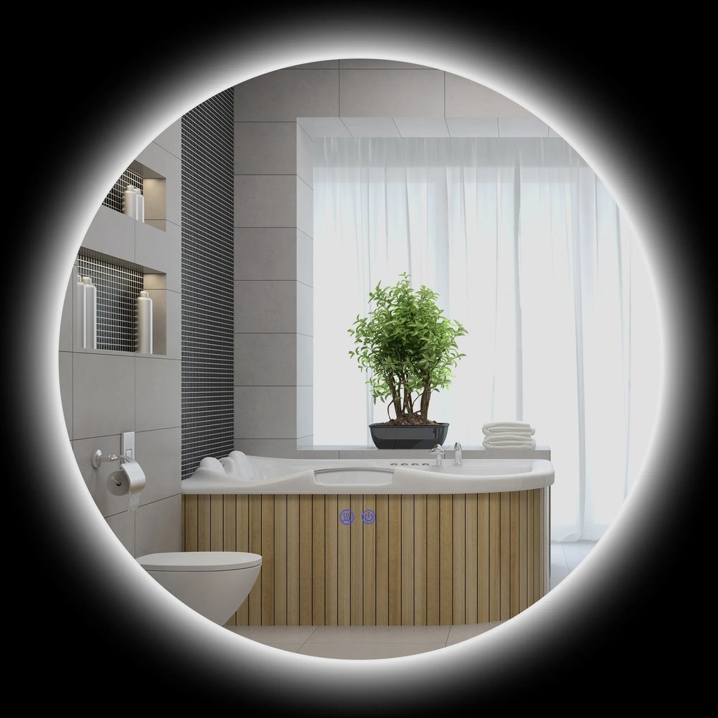 Espelho redondo de casa de banho com iluminação LED, Ø 70 cm, de parede, com interruptor tátil e sistema antiembaciamento, 35 W, cinzento