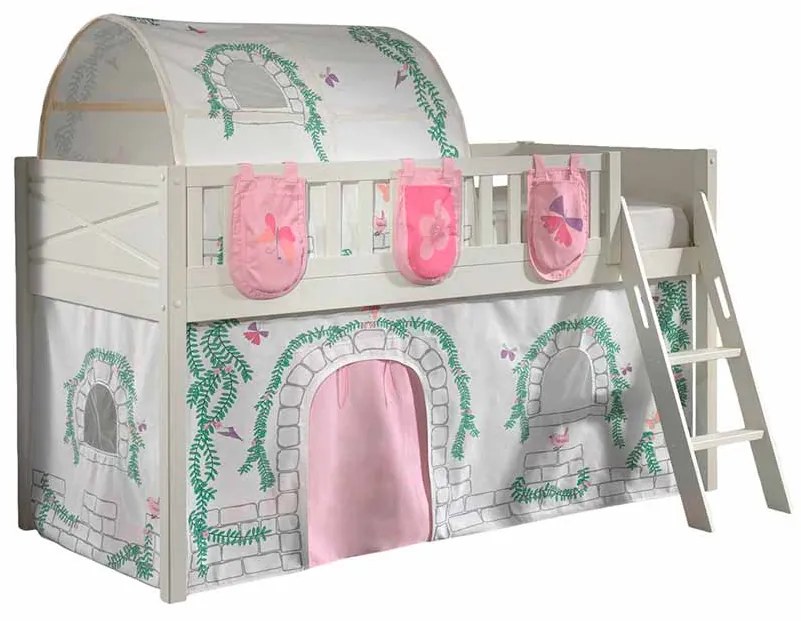 Conjunto cama alta Infantil SCOTT + cortina de brincar BIRDY + Túnel + 3 bolsos de arrumação Branca