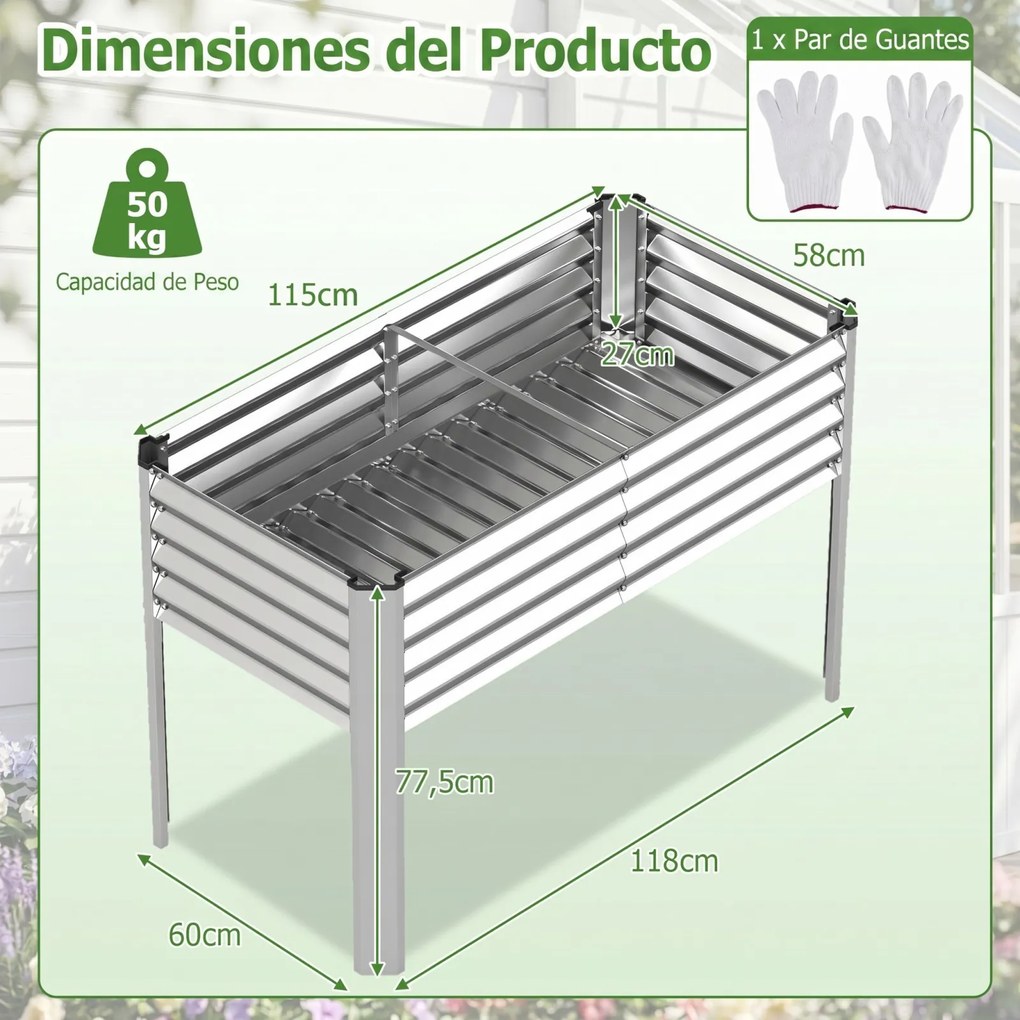 Floreira elevada de jardim 118 x 60 x 77,5 cm com Estrutura em metal galvanizado, pés elevados, sistema de drenagem e base alta para terraço ou pátio