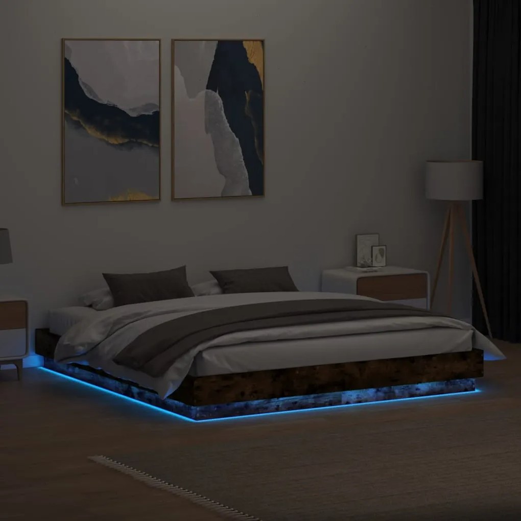 Estrutura de cama com luzes LED 200x200 cm carvalho fumado