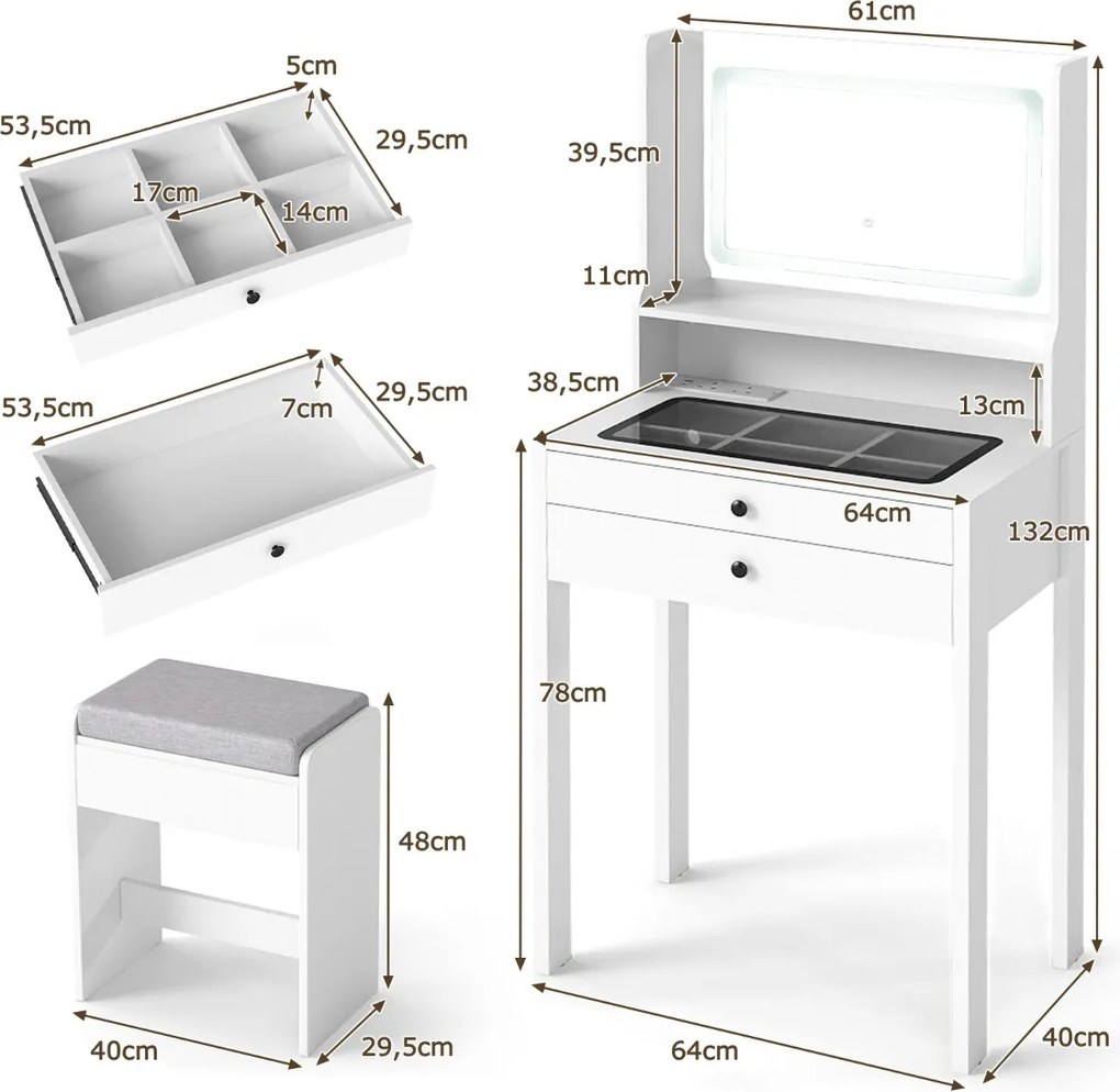 Toucador com espelho e iluminação Mesa de maquilhagem com tomadas elétricas 3 modos de iluminação e banco acolchoado branco