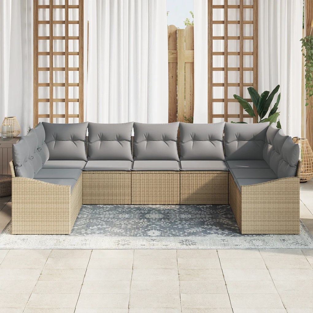 Conjunto de Jantar para Jardim de 9 Peças com Almofadas Bege em Rattan