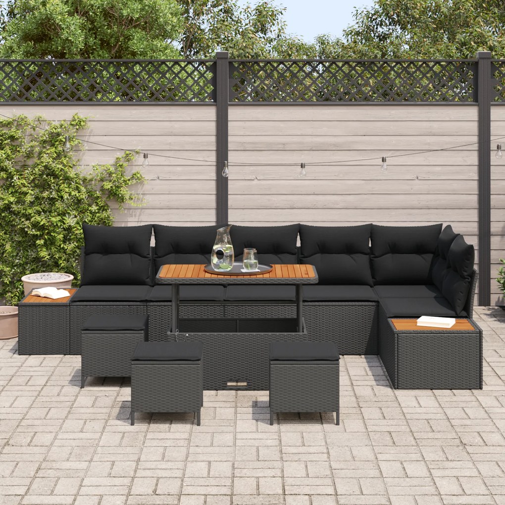 Conjunto de Sofá para Jardim de 10 Peças com Almofadas Preto Vime Sint