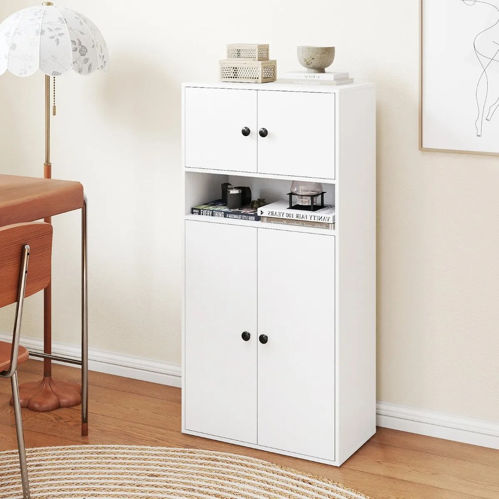 Estante com 4 portas de armazenamento moderno 54 x 30 x 111 cm de 4 níveis com prateleiras ajustáveis branco