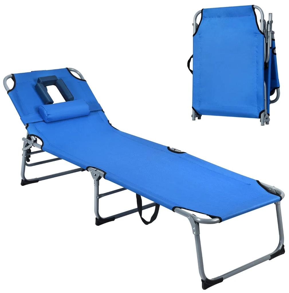 Espreguiçadeira ajustável dobrável cadeira reclinável de praia com almofadas para barriga/para cima e rosto azul