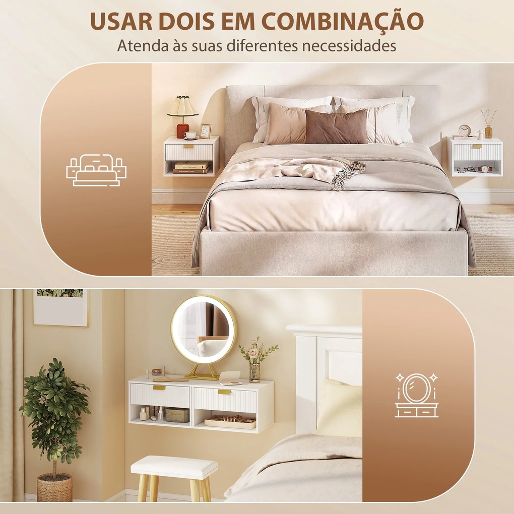 Conjunto de Mesas de Cabeceira Flutuantes com Gaveta Estriada e Prateleira Aberta 40x30x25 cm Branco