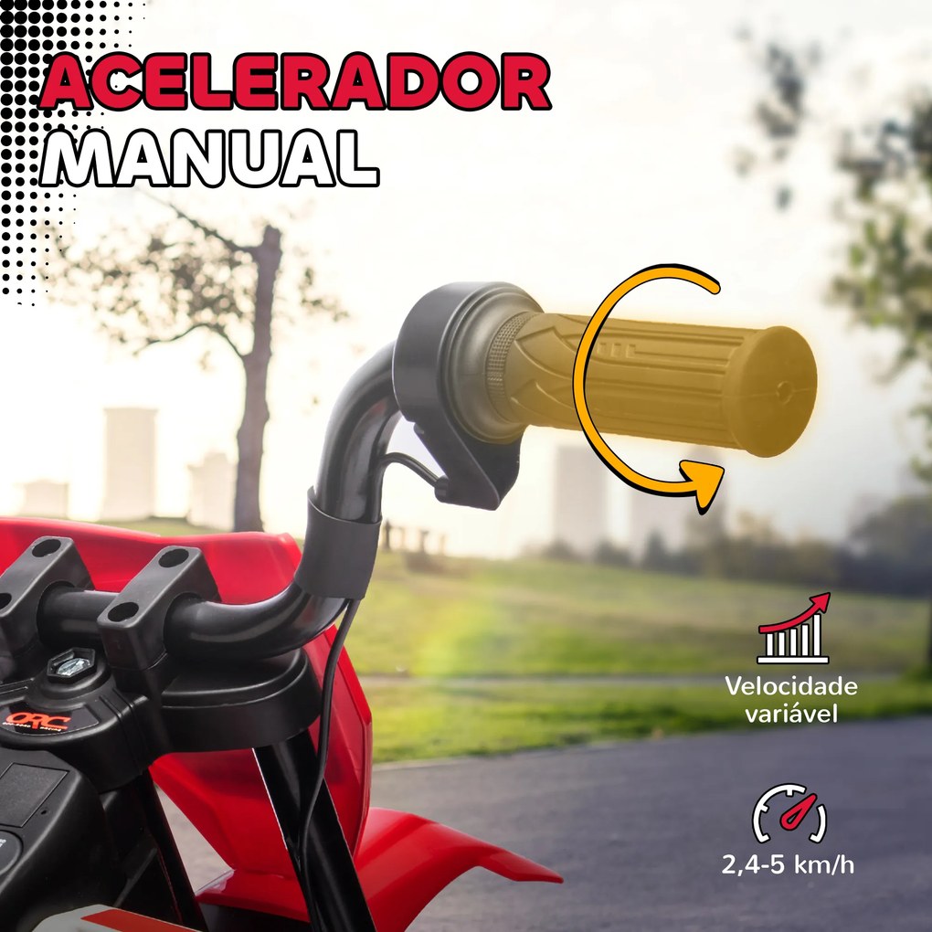 Mota Elétrica para Crianças 3 anos a 5/6 anos (até 30 kg) com Bateria 12V Música Velocidade 2,4-5 km/h e Rodas Auxiliares 107x56x70 cm Vermelho