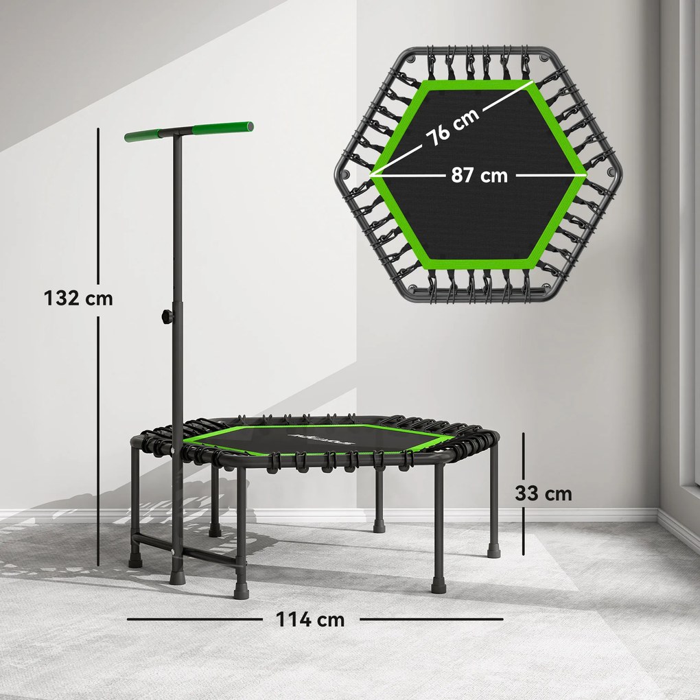 Trampolim Fitness 114x114x132 cm com Guiador Ajustável em 3 Níveis Estrutura de Aço para Treino de Perna Corpo Verde