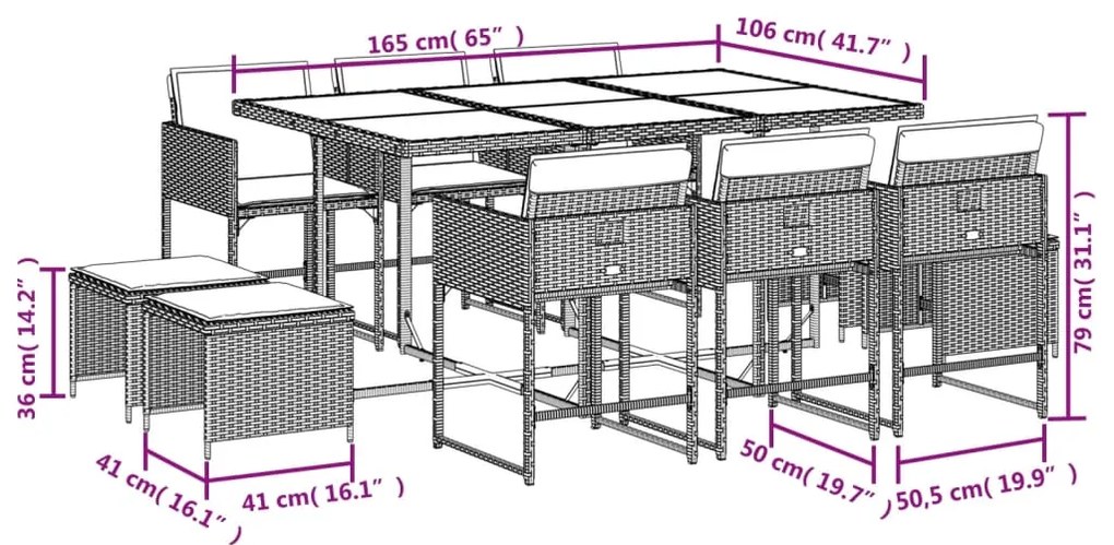 11 pcs conjunto de jantar p/ jardim com almofadões vime PE bege