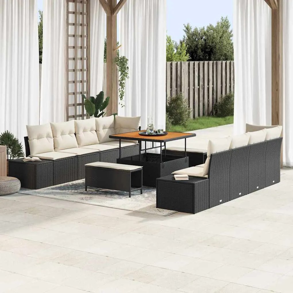 vidaXL Conjunto de Sofá de Jardim 11 Peças com Almofadas Rattan Preto de Acácia