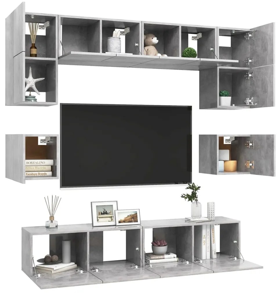 8 pcs conjunto de móveis TV derivados madeira cinzento cimento